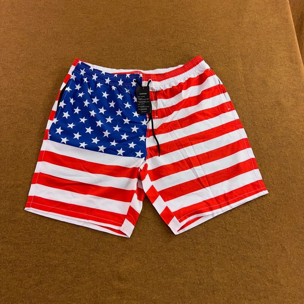 SILKWORLD Mens XXL Red White Blue USA Flag Stars Stripes Swim Trunks New